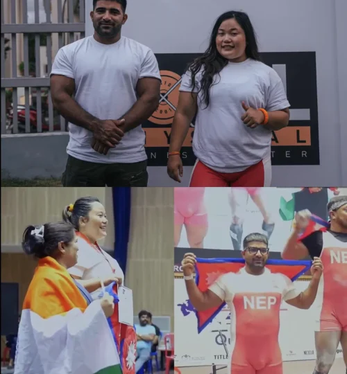 Glimpses of Athletes from Total Physical Fitness Center posing and competing at the Asian powerlifting championship, showcasing strength, teamwork, and national pride.